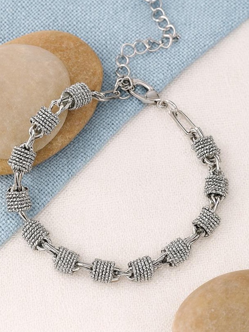 Silver Plated Textured Tube Link Bracelet Unisex